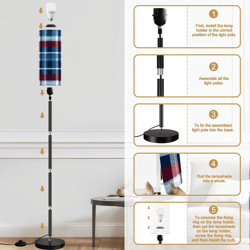 Lampe sur pied à carreaux bleu rouge et blanc à motif géométrique sans couture de style minimaliste moderne avec lampe à pédale avec télécommande et interrupteur au pied