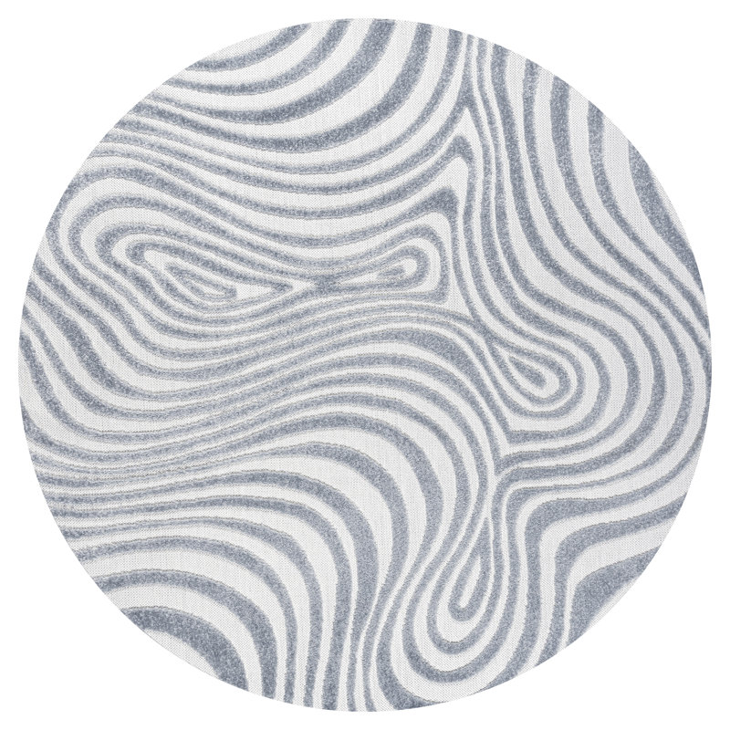 Maribo High-Low Abstract Groovy Striped Light Blue/Ivory Indoor/Outdoor Rug, Round 9'