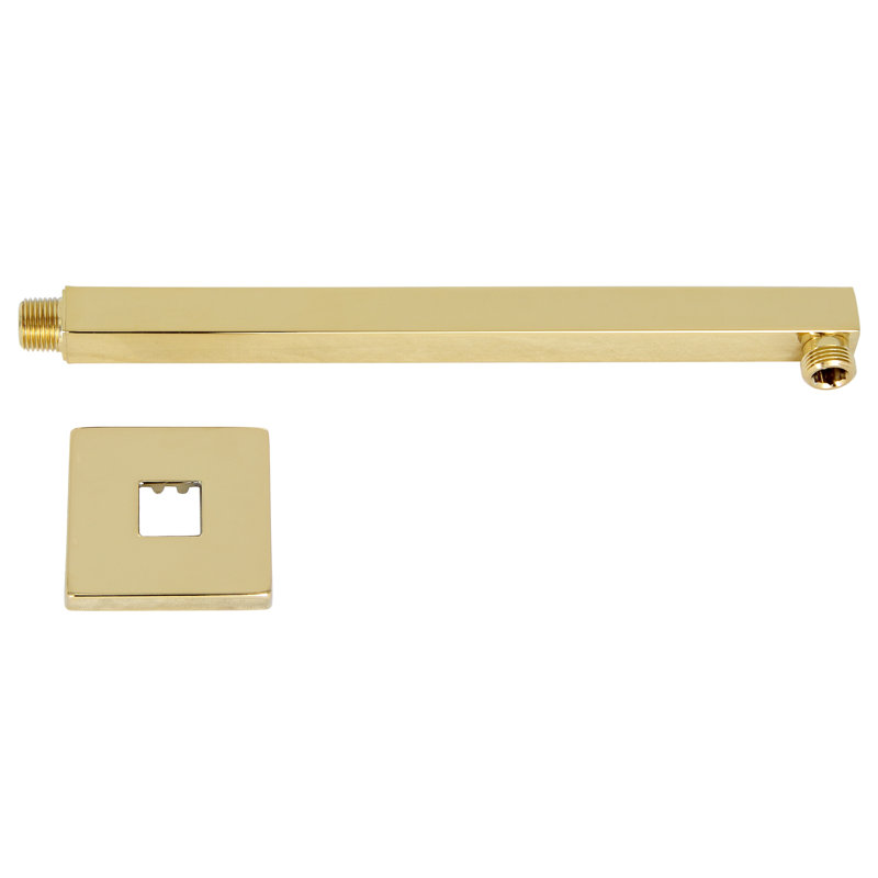 Wallmount Modern Square Shower Arm with Flange, Polished Brass