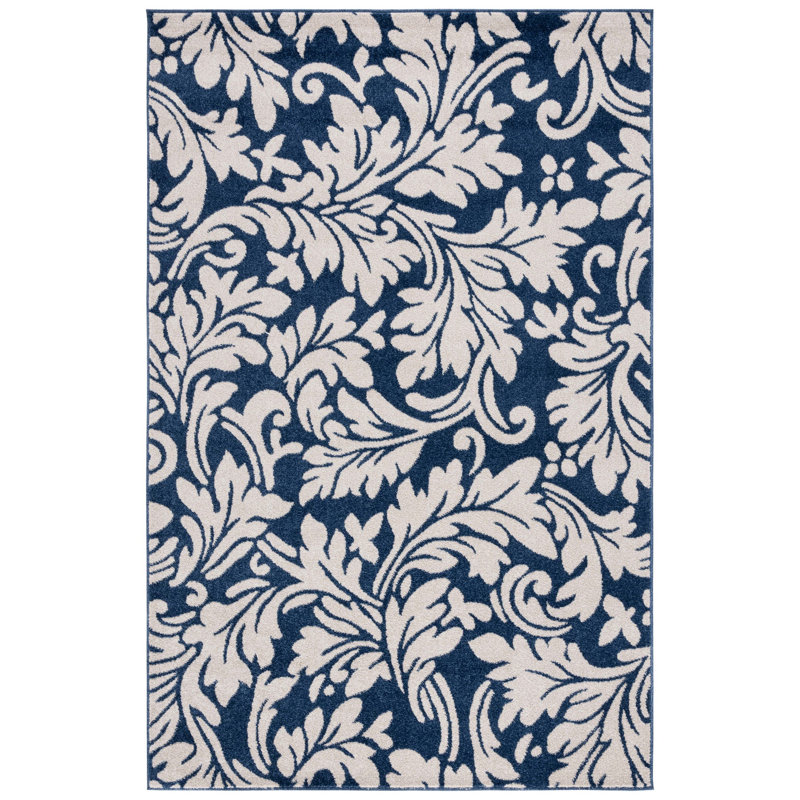 Tapis bleu marine / ivoire à motif floral Ammundsen, Rectangle 4 pi x 6 pi