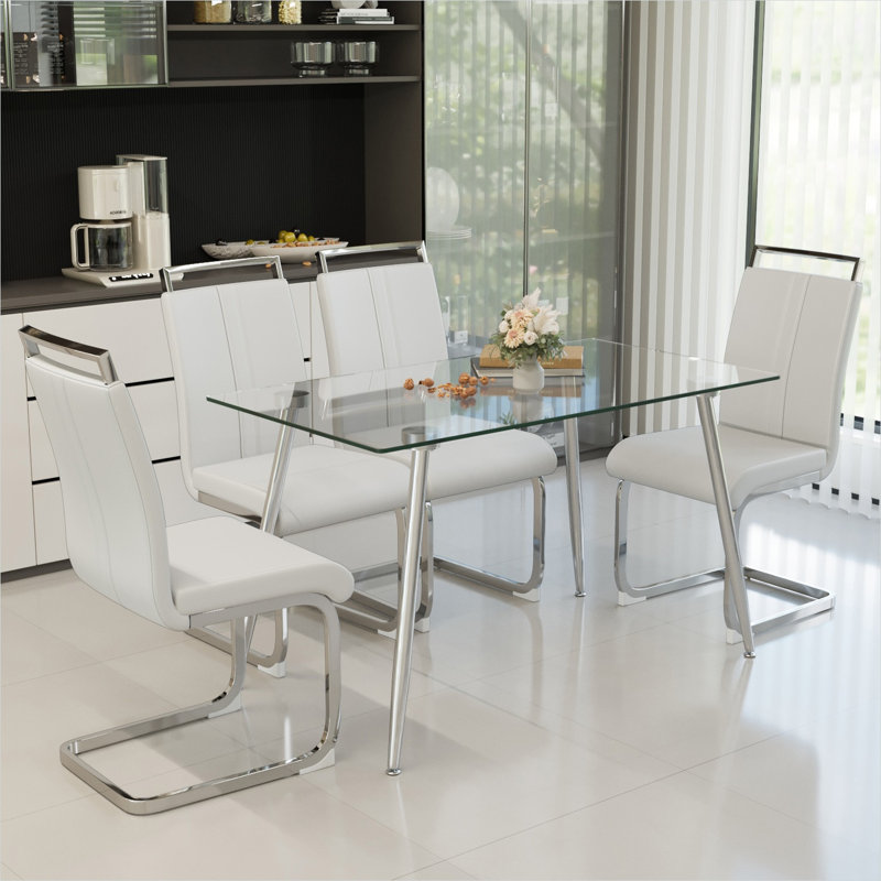 Ensemble de salle à manger 4 personnes en verre transparent avec pieds argentés, table rectangulaire moderne