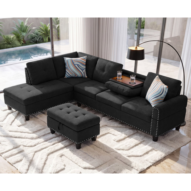 Canapé modulaire en L de 98 po avec méridienne gauche, repose-pieds avec rangement et porte-gobelets Aenkyo, tissu en lin, noir