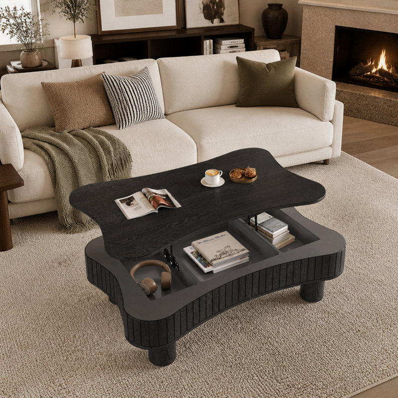 Table basse relevable de 107 cm (42 po), table basse à levage hydraulique avec panneaux cannelés et compartiments cachés, coins arrondis pour plus de sécurité, montage rapide sans outil pour le salon