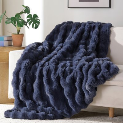 Faux Fur Throw Blanket for Couch – Navy Blue Fluffy Cozy Rabbit Fleece, Plush Soft Bubble Blanket for Sofa & Bed, Warm Fuzzy Home Room Decor Throw 50" x 60"