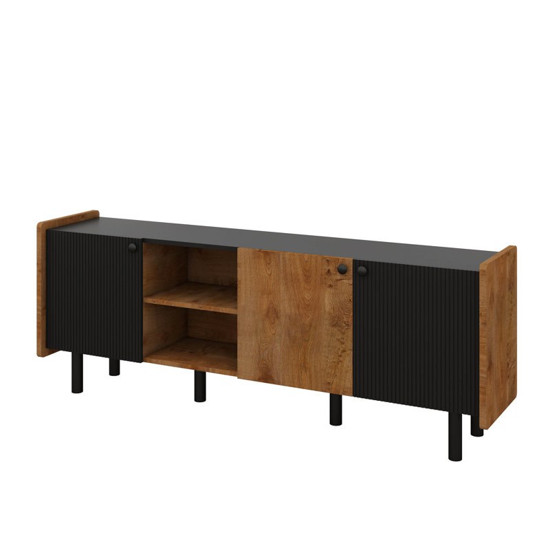 Meuble télé Mid-Century moderne avec 3 armoires, console multimédia pour téléviseur de 70 po ou moins, centre de divertissement et solution de rangement idéaux