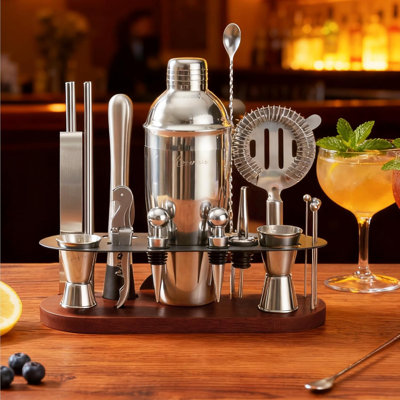 23 Pcs 304 Stainless Steel Cocktail Shaker Set Bartender Kit with Wooden Storage Stand & Recipe Book