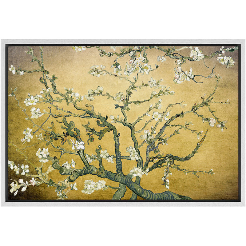 «Amandier en fleurs» par Vincent van Gogh, Or antique, H 24 po x l 36 po x P 1,5 po, Cadre blanc