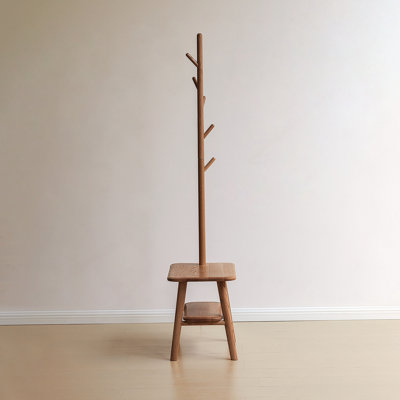 (Natural Color) Natural Solid Wood Shoe Stool With Cloth Hanger, Mid-Century Modern Storage Bench With High Rebound Sponge Cushion For Entryway And Living Spaces