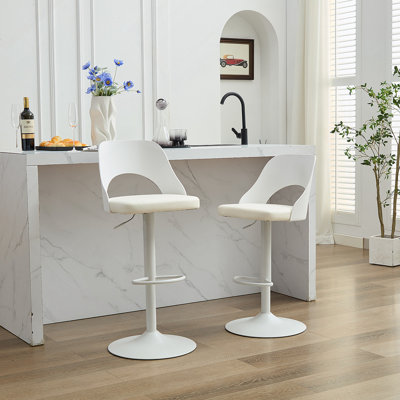 Bar Stools Set of 2 Modern White PU Counter Height Barstool, High Padded Swivel Adjustable Barstools with Back for Bar Counter and Kitchen Island