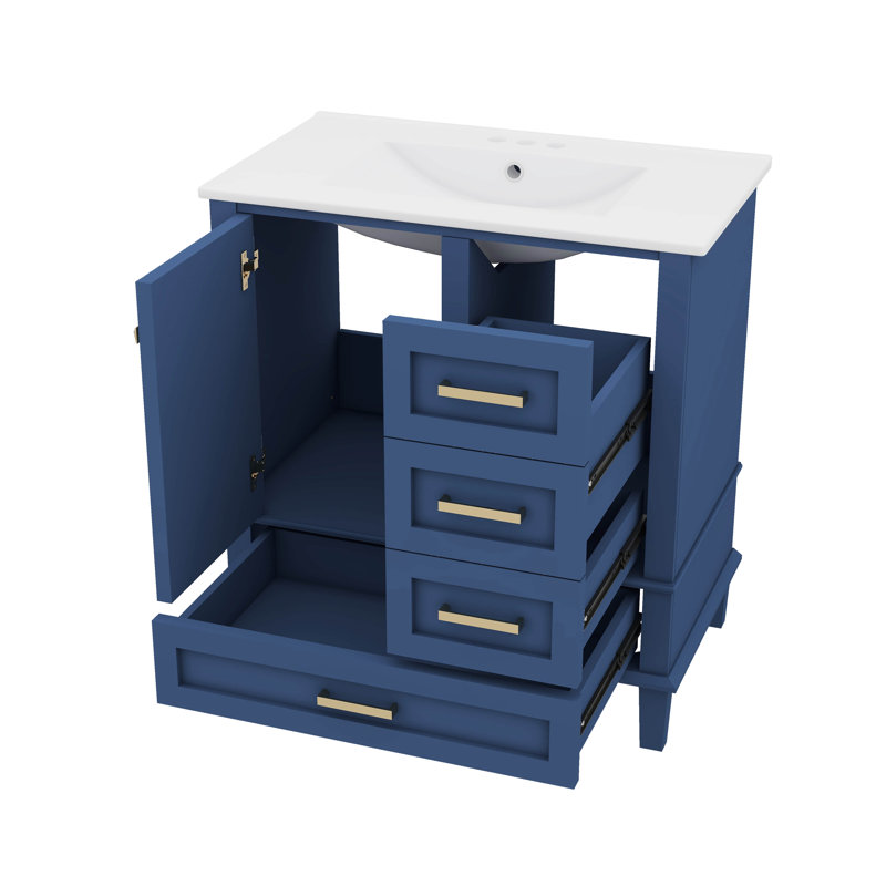 Combinaison de meuble-lavabo de salle de bain élégant de 30 pouces avec 3 tiroirs à fermeture silencieuse, Bleu / doré