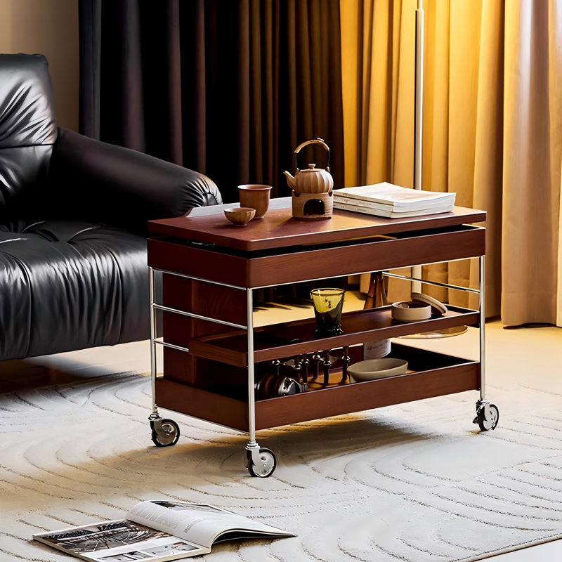Vintage brownish solid wood height - adjustable mobile side table with storage function