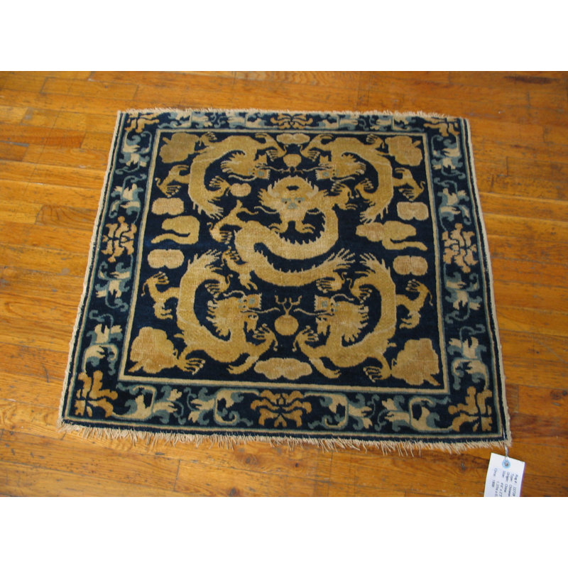 Blue Mid 19th Century Antique Five Clawed Chinese Dragons Square Ningxia Rug