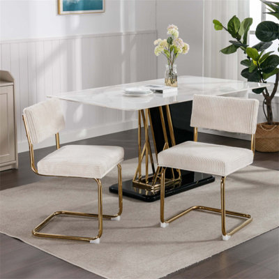 Modern Dining Chairs with Corduroy Fabric, Gold Metal Base, Accent Armless Kitchen Chairs with Channel Tufting, Set of 2