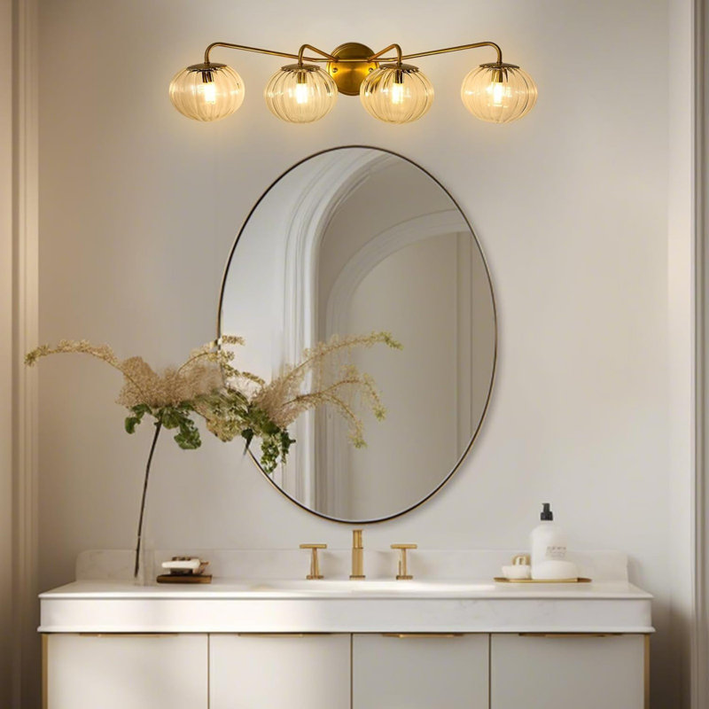 Contemporary Bathroom Vanity Light Fixture with Ribbed Clear Glass Globe Shades, 4 Lights, Brushed Gold