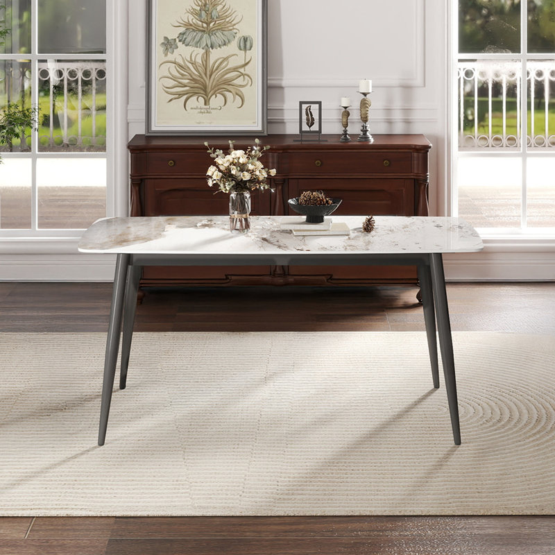 Table de salle à manger 62,99 po en pierre artificielle moderne à bord arrondi gris foncé et pieds en métal gris foncé pouvant accueillir 6 personnes (table de salle à manger seulement)