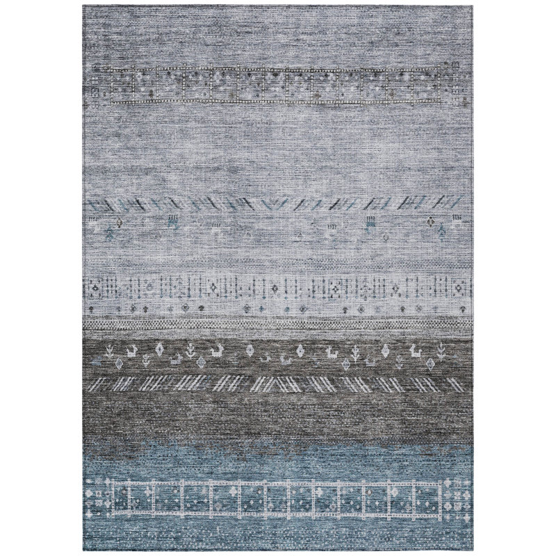 Blue and Gray Synthetic Flat Woven Washable 8' x 10' Rug