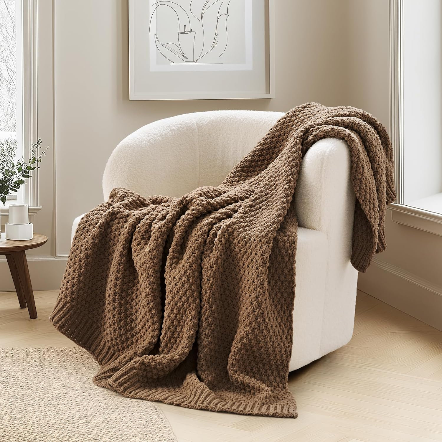 Chunky Chenille Weighted Throw Blanket, 60" L x 50" W, Camel Brown