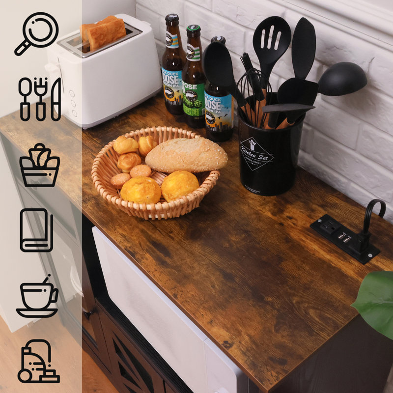 Alianne 35.4'' Narrow Sideboard Server Kitchen Food Pantry with Drawer, Microwave Cube and Outlet, Black/Brown