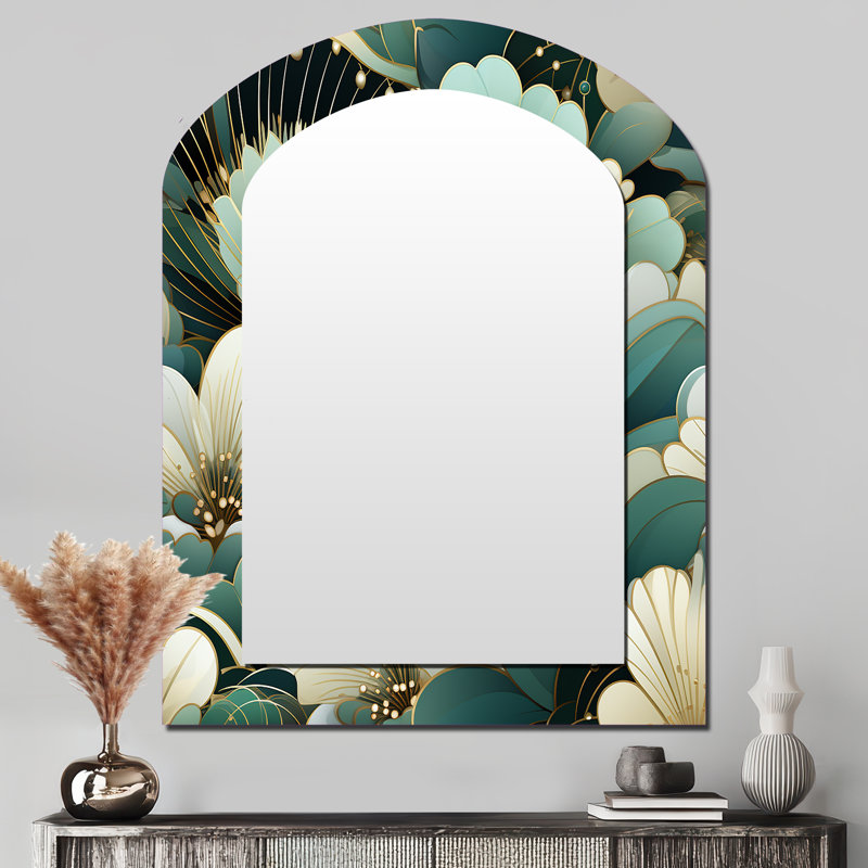 Motif décoratif damassé vert - grand miroir mural arqué sur métal, 43 po x 33 po