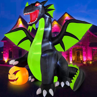 9FT Halloween Inflatable Dragon with Pumpkin Outdoor Decoration | Built-in Bright LED Lights, Spooky Blowups Dominating Dinosaur, Durable Waterpoof Yard Decor for Holiday Party Garden Lawn