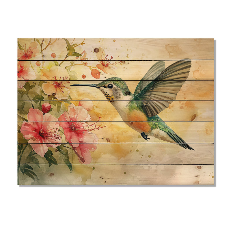 Colibri en vol I - Décoration murale en bois d'oiseau - sur bois de pin naturel, H 30 po x l 40 po