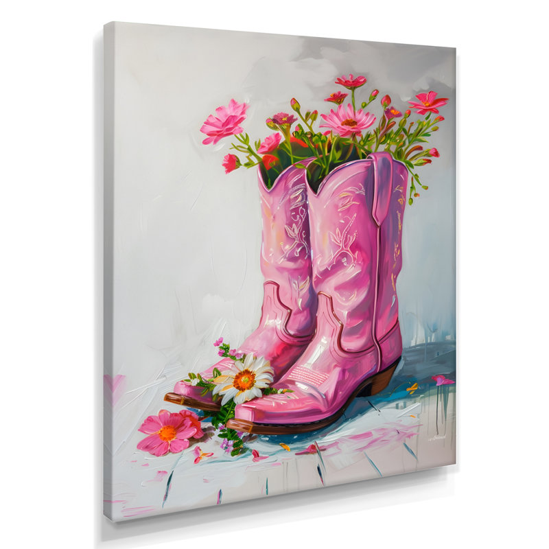 Fleurs roses, bottes de cow-boy, Toile tendue, H 20 po x l 12 po x P 1 po