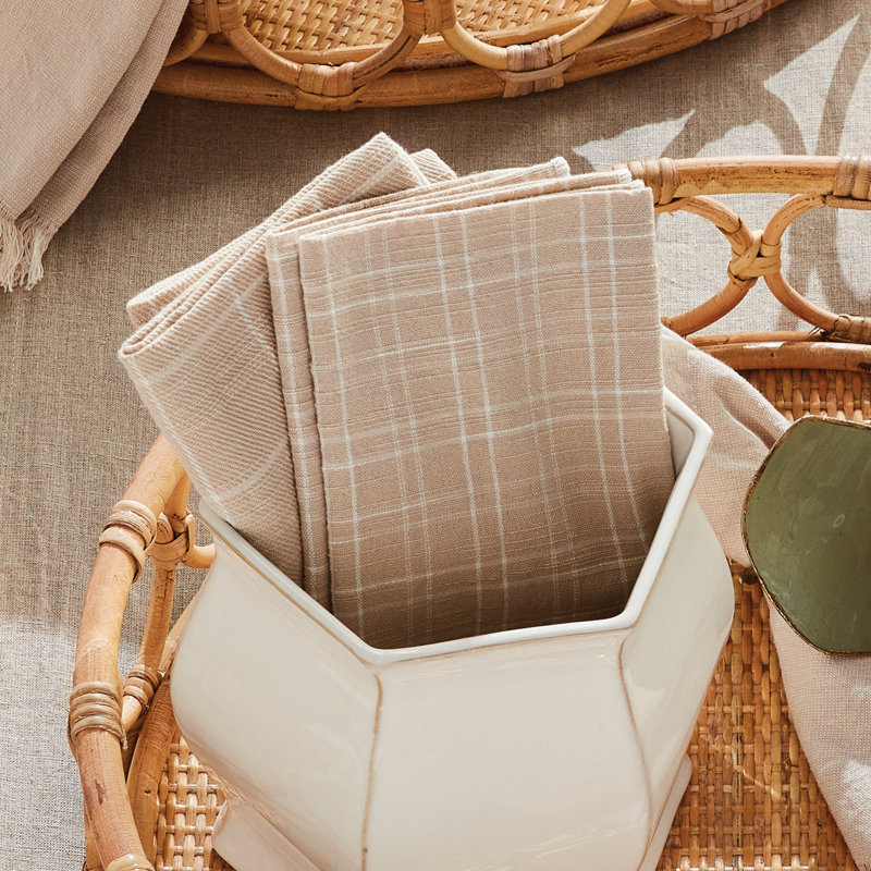 Eggett Toile Cotton Dinner Napkins in Taupe, Plaid, Straight Seam, Taupe/White