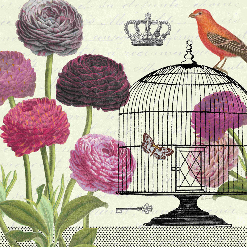 «Birdcage Fauna I» par Sue Schlabach, reproduction sur toile tendue, L 12 po x H 12 po
