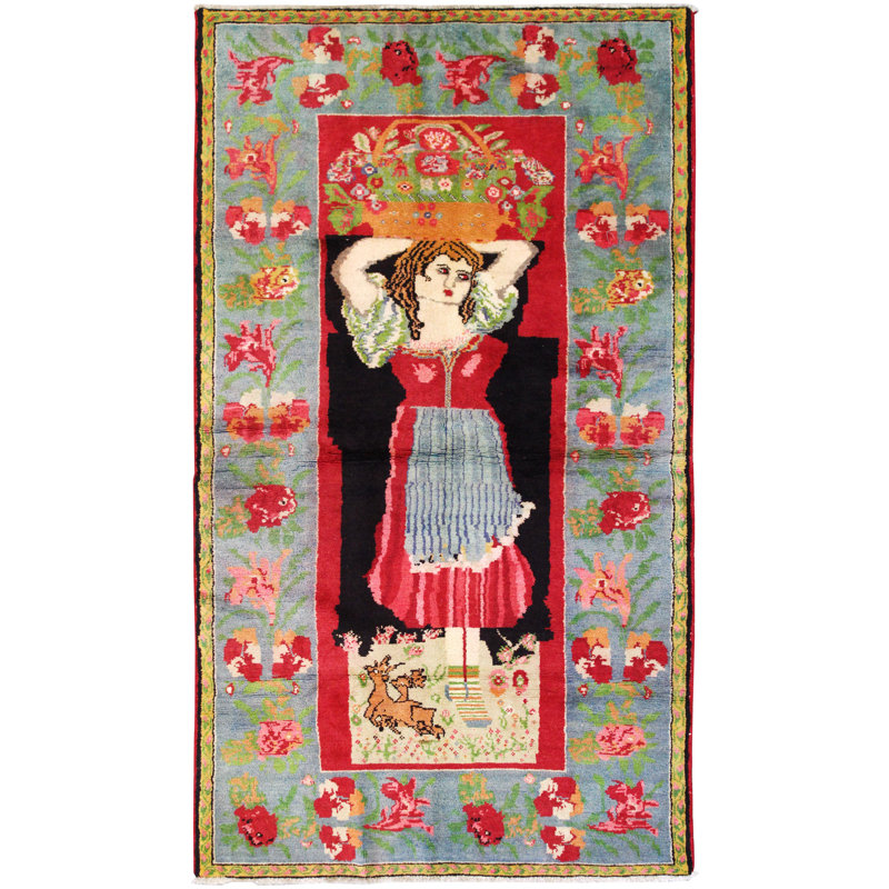 Tapis unique rose, bleu ciel et fraise des années 1960 de 4 pi 8 po x 8 pi 2 po pictural Karabagh