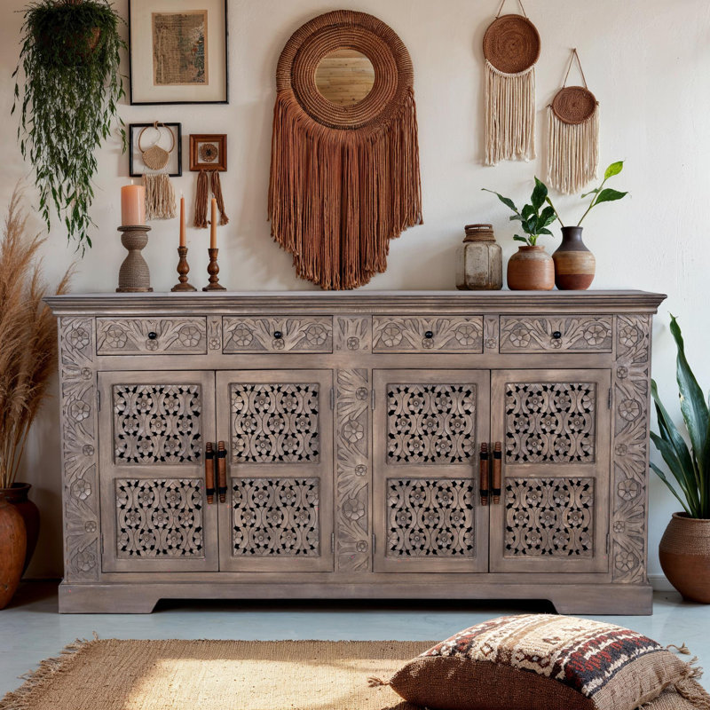 One Allium Way® 80" Inch Wide Carved Sideboard, Gray