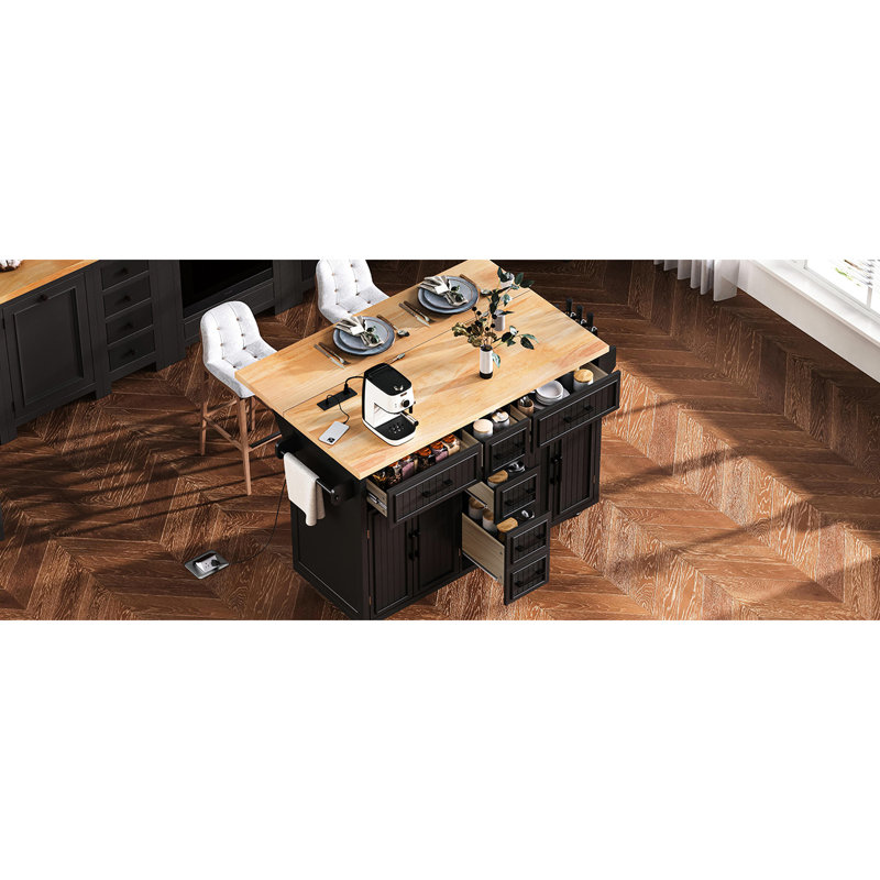 Grand îlot de cuisine rectangulaire avec abattant, prise de courant, tablettes réglables et porte-serviettes à roulettes pivotantes à 360 °, verrouillable à épices pour la salle à manger