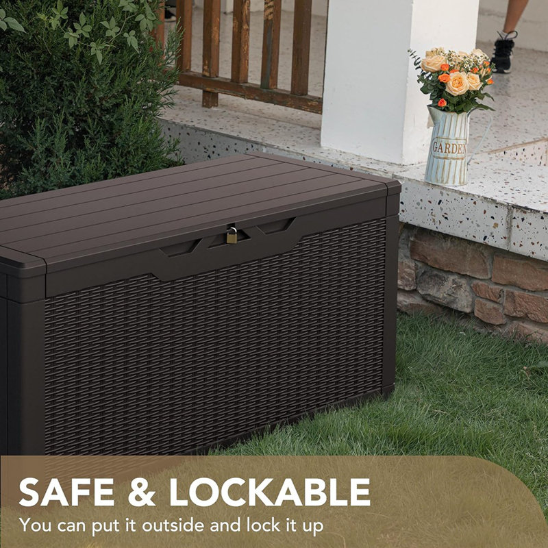 100-Gallon Waterproof Resin Deck Box, Lockable Storage Container For Indoor Or Outdoor Use – Patio Furniture Cushions And Garden Tools, Dark Brown