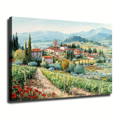 Tuscany Vineyard Countryside Watercolor Village Scene, Large Gallery Wrapped Canvas Wall Art Print For Living Room Bedroom