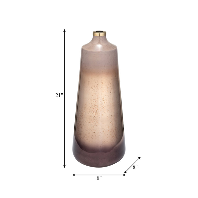Tall Cylinder Glass Vase with Tapered Neck and Gold Metal Accent Ring Featuring Glam Style and Translucent Speckled Body Design for Decorative Display and Modern Interior Styling.