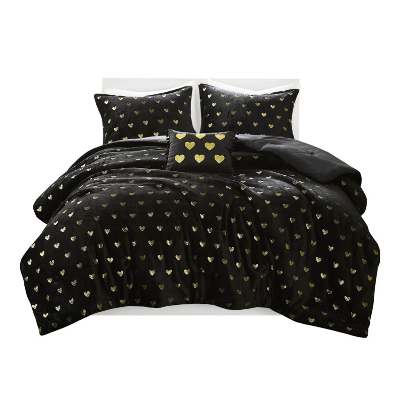 3 édredon ultraléger noir / or avec coussin décoratif pour lit simple / simple TG, Édredon simple + 2 taies décoratives, Noir