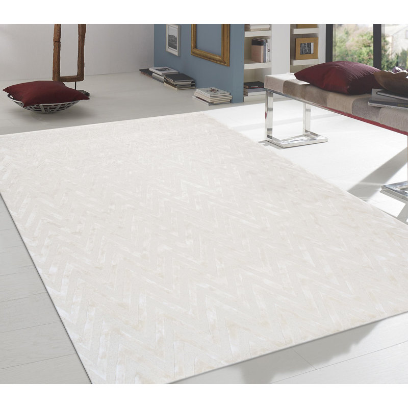 Tapis ivoire en soie et laine touffetés à la main, Rectangle de 5 pi x 8 pi