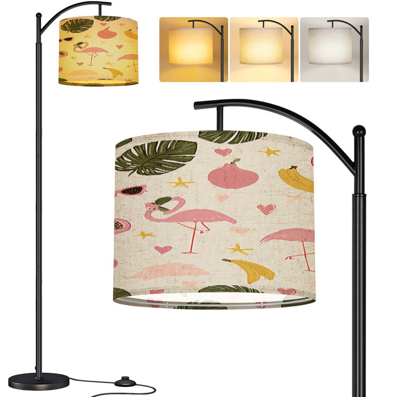 PeeNoke Arc Floor Lamp Summer tropical print pink flamingos Cute Exotic Flamingo character Tall Modern Standing Lamp LED Adjustable Linen Lampshade 3 Color Temperatures