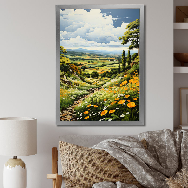 Paysage de campagne rêveur vert et jaune Unionvale III - impression, H 40 po x l 30 po x P 1,5 po, Cadre photo argenté