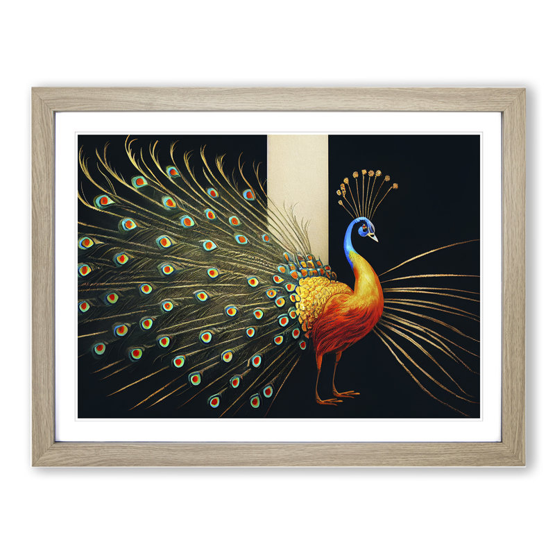 Cosmopolitan Peacock - Single Picture Frame Print, 46cm H x 64cm W x 2cm D, Oak