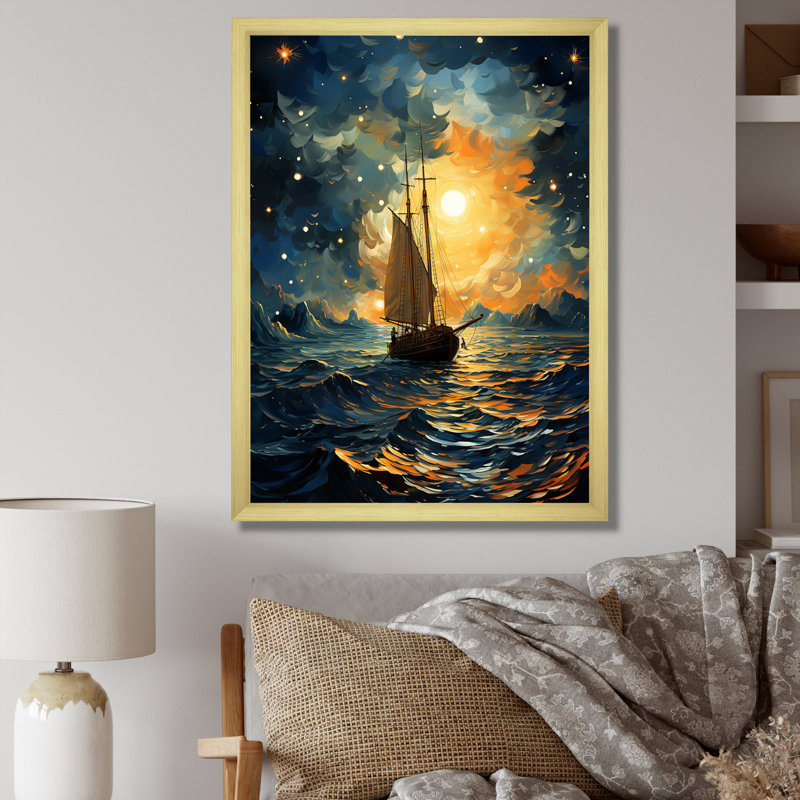 Clair de lune, voilier Horizon I, Cadre doré simple, H 32 po x l 16 po x P 1 po