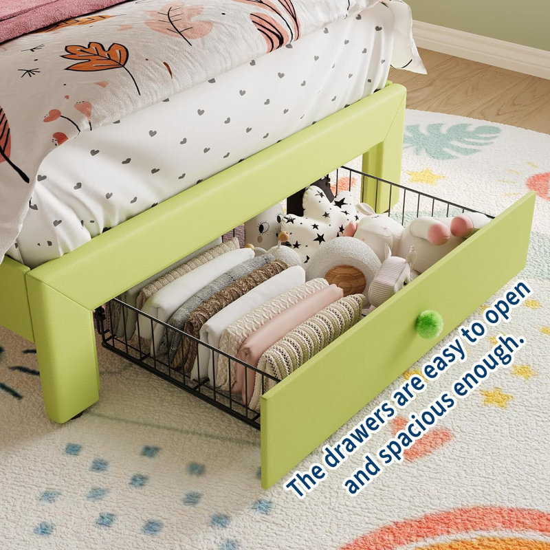 Bed Frame, With LED Lights And Storage Drawer, Avocado Green