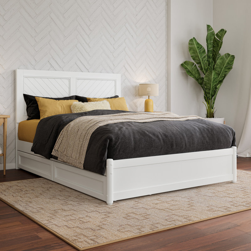 Lamarkus Solid Wood Storage Platform Bed with Footboard & Under Bed Drawers, Full, White