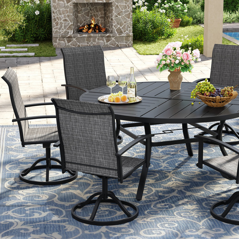 7-Pieces Round Patio Dining Set With Swivel PVC-coated polyester Chairs, Black
