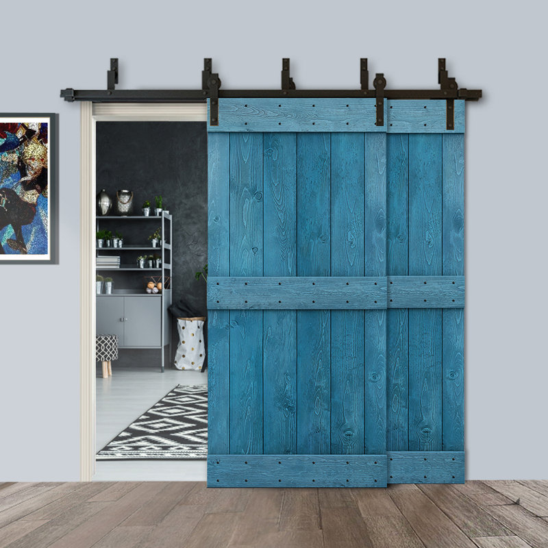 Porte de grange double à panneaux en bois teinté à panneau Mid-Bar, 40 po x 84 po, Bleu océan