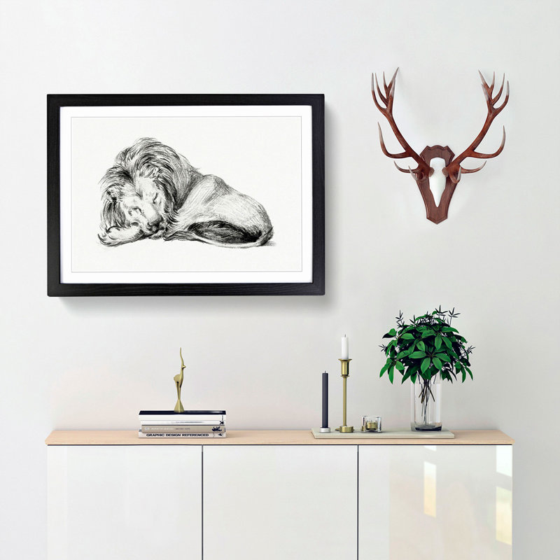 Sleeping Lion by Jean Bernard - Picture Frame Drawing Print, Black Framed, 27cm H x 36cm W x 2cm D