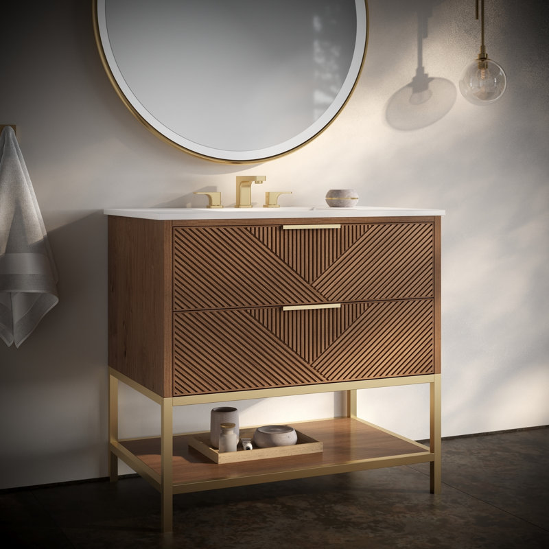 Ensemble de meuble-lavabo Diamond, Marbre de Carrare italien, Noyer, Laiton satiné