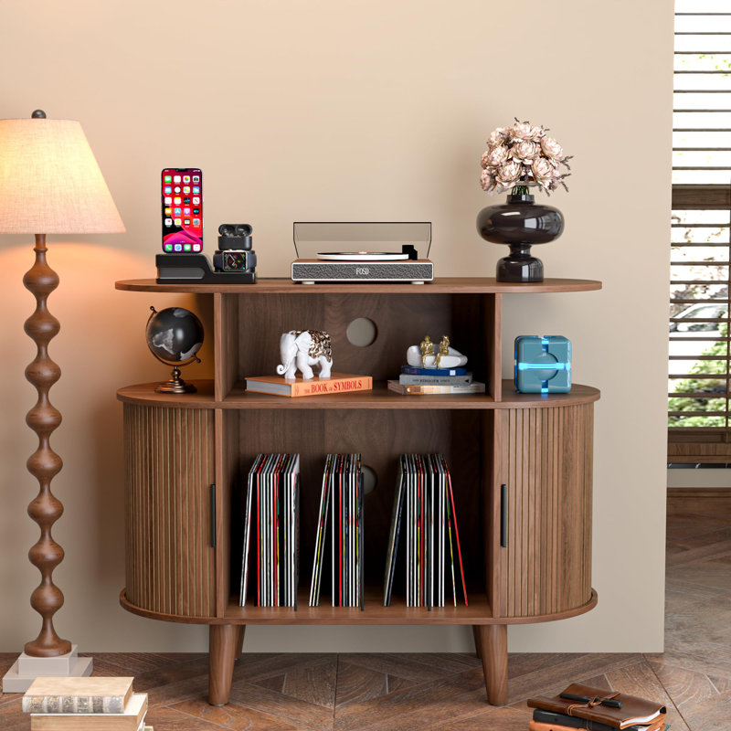 Round Record Player Stand With Charging Station, Turntable Stand Table With Open Storage, Audio Rack, Walnut