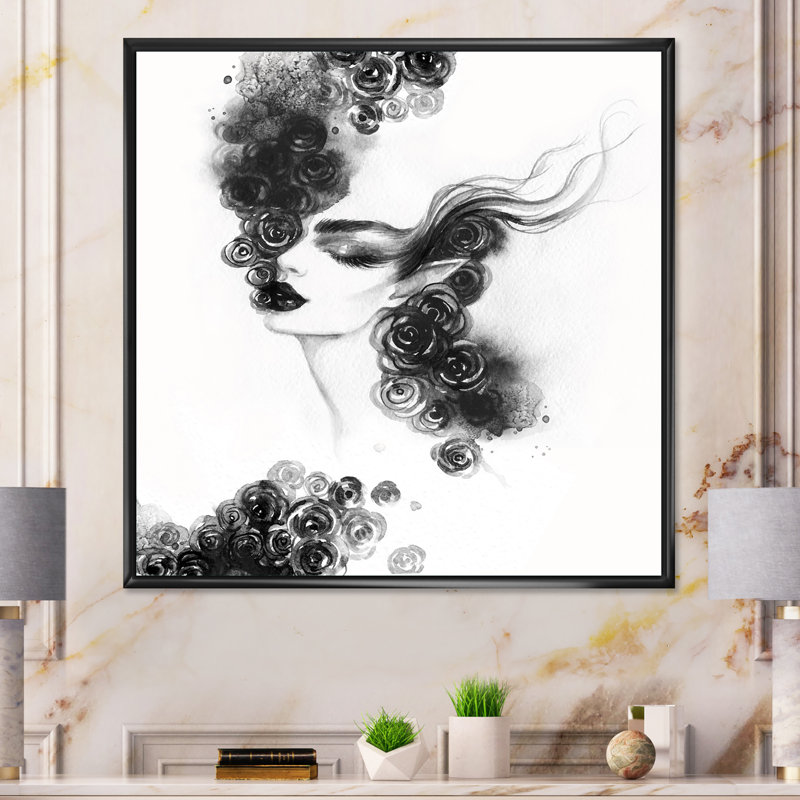 «Black and White Glam Woman Portrait II», reproduction d'art sur toile, H 16 po x l 16 po x P 1 po, Cadre flottant noir