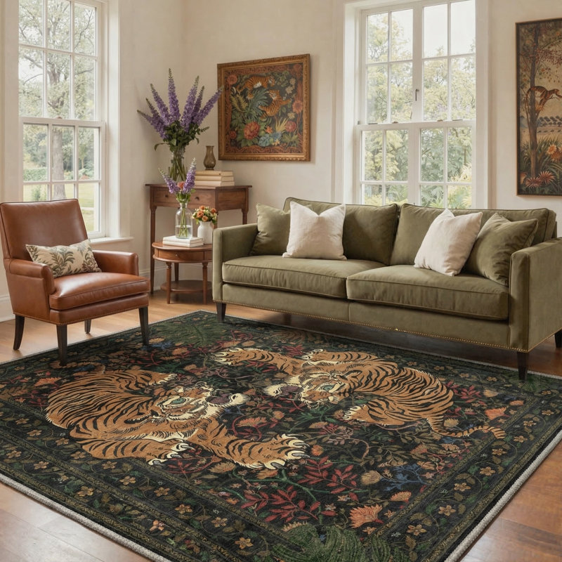 Teiarra Tiger Print Machine Washable Area Rug With Non-Slip Backing, Rectangle 8' x 10', Green