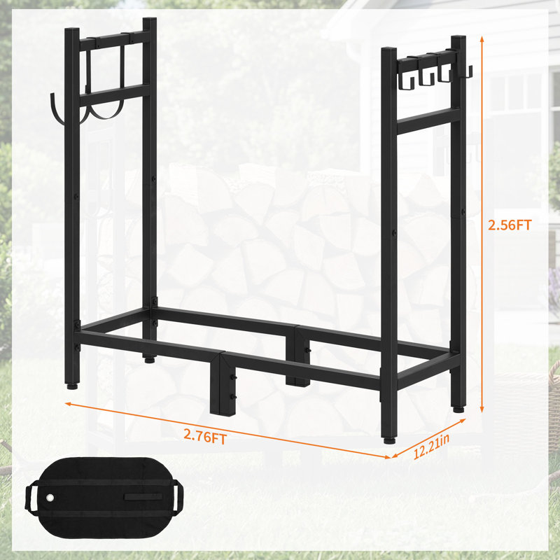 Heavy Duty Outdoor Firewood Rack - Portable Steel Log Holder with Tote - Adjustable Wood Storage Organizer - For Fireplace, Patio & Garden - 2.7FT Firewood Rack + Firewood Carrier